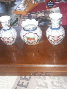 Vintage 3 Chinese Mini Vases. The set includes two slender necked vases and one wider Scalloped Rim Jar, in good condition, postage available or collection