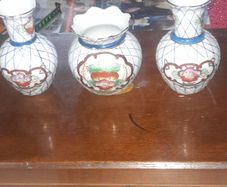 Vintage 3 Chinese Mini Vases. The set includes two slender necked vases and one wider Scalloped Rim Jar, in good condition, postage available or collection