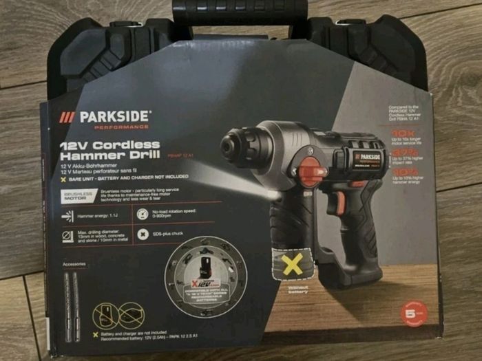 Parkside Performance 12V Cordless Brushless Hammer Drill And Accessories. Indoor Outdoor Maintenance DIY Concrete Demolition Building