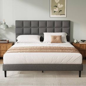 King Bed Frame, Easy Assembly, Sturdy Wooden Slat Support, Upholstered Platform with Headboard, No Box Spring Needed, Gray King Bed 150 by 200