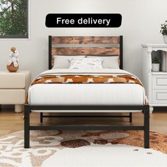 Single Bed Frame with Rustic Wood Headboard