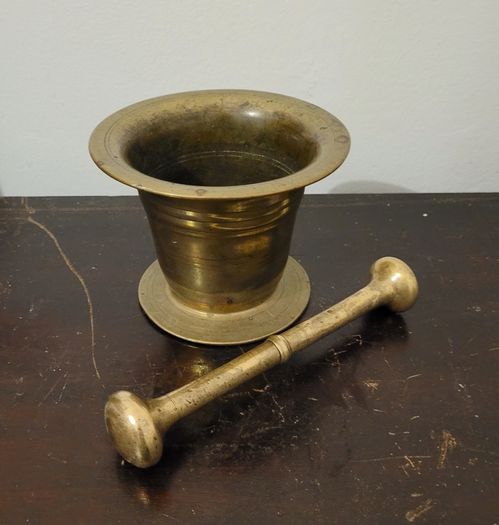 19th C apothecary brass pedestal & mortar