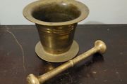 19th C apothecary brass pedestal &amp; mortar