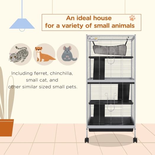 Small Animal Cage Pet Play House with Wheels Platforms Light Grey