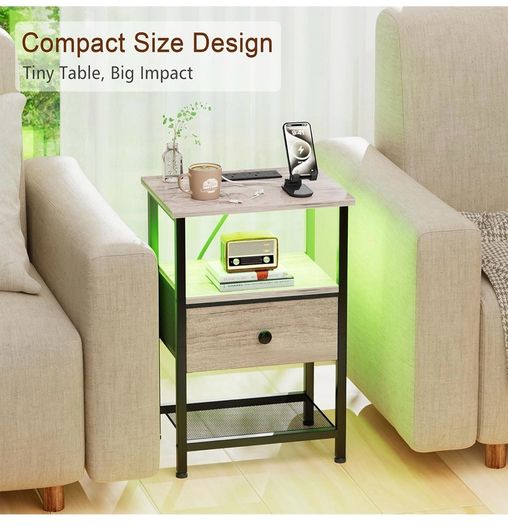 Bedside Table with Charging Station, Small Sofa Side Table with LED Light