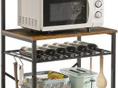Kitchen Bakers Rack, Microwave Oven Stand with Storage Shelves, Industrial Coffee Bar Station, with Adjustable Wine Holders and S-Hooks, Metal Frame, Rustic Brown, 143x40x59 cm, HBR001H