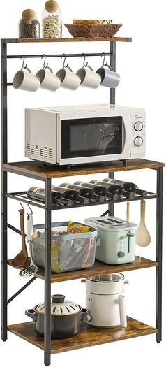 Kitchen Bakers Rack, Microwave Oven Stand with Storage Shelves, Industrial Coffee Bar Station, with Adjustable Wine Holders and S-Hooks, Metal Frame, Rustic Brown, 143x40x59 cm, HBR001H