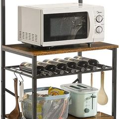 Kitchen Bakers Rack, Microwave Oven Stand with Storage Shelves, Industrial Coffee Bar Station, with Adjustable Wine Holders and S-Hooks, Metal Frame, Rustic Brown, 143x40x59 cm, HBR001H