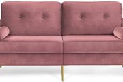3-seater sofa, couch for living room, cover made of velvet, for apartments, small rooms, wooden frame, metal legs, simple structure, modern design, 183 x 78 x 88 cm, pink