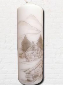 Winter Christmad Hand decorated decoupage unscented large ivory pillar candle with mountains image