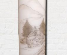 Winter Christmad Hand decorated decoupage unscented large ivory pillar candle with mountains image
