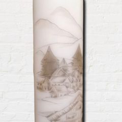 Winter Christmad Hand decorated decoupage unscented large ivory pillar candle with mountains image