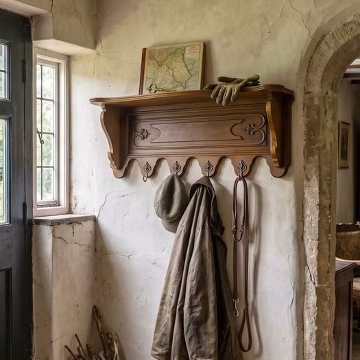 Old Carved wood coat hanger with shelf.