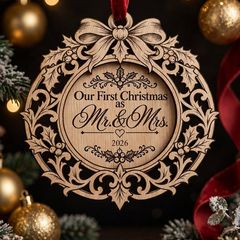 Our First Christmas as Mr. & Mrs. 2026 - Laser Engraved Wooden Keepsake Ornament