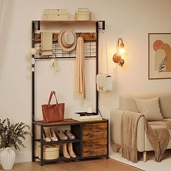 Coat Rack with Shoe Storage Bench, Coat Stand with Hooks and 2 Drawers, 4-in-1 Design, Coat and Shoe Rack, for Hallway, Entryway, Living Room, Bedroom, Rustic Brown and Black