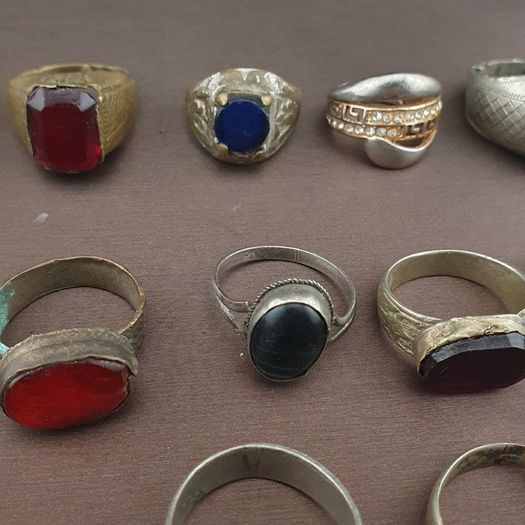 Antique Lot of 15 Handmade Brass Rings Mixed Gemstone & Glass Designs
