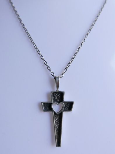 Vintage 925 Sterling Silver Cross Pendant with Heart Cutout on Chain