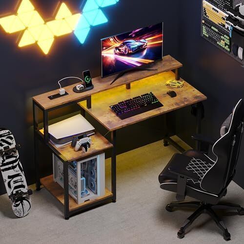 48 Inch Computer Desk with Monitor Stand with Power Outlets & Adjustable LED