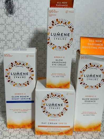 Lumene Nordic c glow renew boost essence, day cream spf15, awakening eye cream, glow night serum