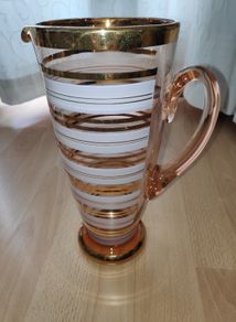 Vintage MCM large dusty pink glass Water/Juice  Jug with white & gilded  stripes