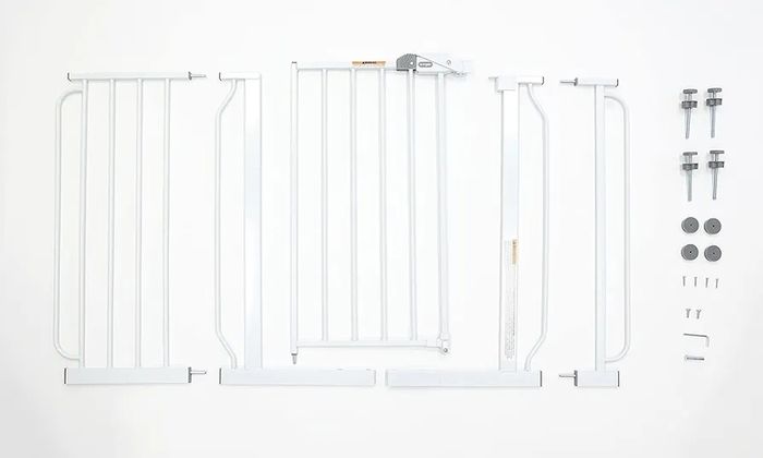 Easy Step 124cm Extra Wide Baby Gate, White, Includes 10cm and 30.5cm Extension Kit, 4 Pack of Pressure Mount Kit and 4 Pack of Wall Mount Kit