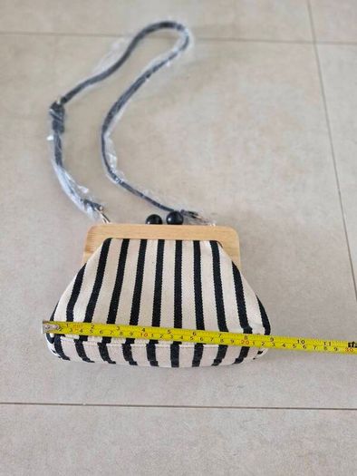 Zara Canvas Striped Wooden Clutch Bag in cream/black