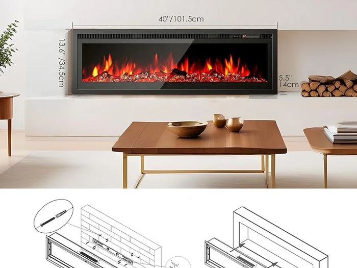 Electric Fireplace, Wall Mounted/Recessed/Freestanding 102CM/40" Electric Fire, 5 Settings for Brightness, 12 Color Flame, Crystal & Log Set, 750W/1500W