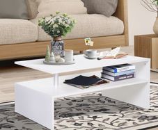 2-Tier Coffee Table Open Shelf with Metal Poles and Elevated Base