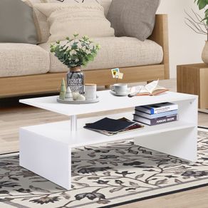 2-Tier Coffee Table Open Shelf with Metal Poles and Elevated Base
