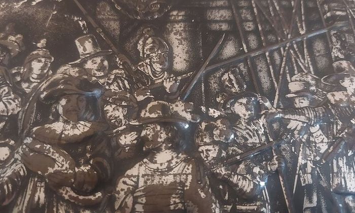 Fabulous Rembrandt's The Night Watch Vintage Hinged Biscuit Tin with a Raised Relief Reproduction of the Famous Painting, Attributed to the Victoria Biscuit Company of Holland