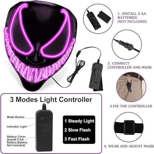 LED Halloween Mask Costumes - Light Up Scary Mask with 3 Lightning Modes Glowing, Masquerade Evil Mask for Cosplay Costume Parties Carnival