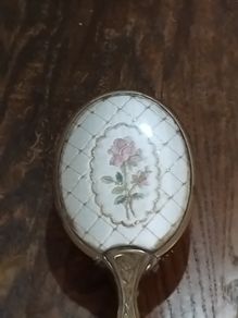 Vintage Gold Tone Metal Brush With Floral Tapestry