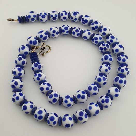 Antique Venetian Style White Blue Dotted Glass Beads Necklace