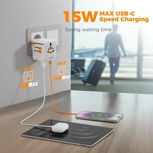 Universal Travel Adapter, Travel Plug Adapter Worldwide with 1 Universal AC Outlet 4 USB Ports (2 USB C), International Plug Adaptor for UK to Europe USA Australia (Type C G A I) Grey White
