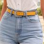 Unisex Premium Yellow Genuine Leather Belt Vintage Engraved Silver Buckle Image 5
