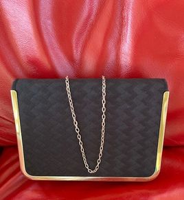 Black Clutch Bag / Crossbody Bag With Gold Trim & Chain. Brand Accessorize.