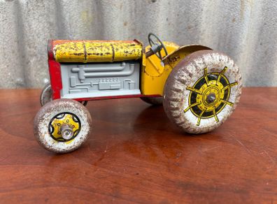 Vintage Mettoy red & yellow tinplate tractor