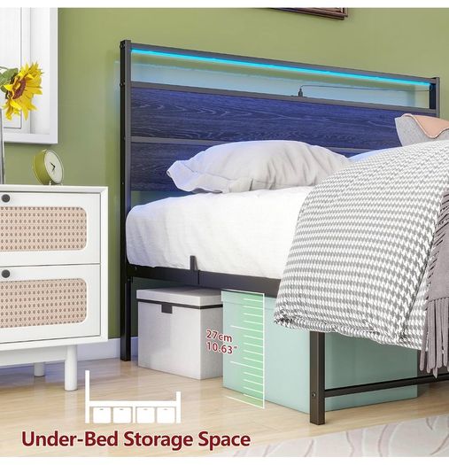 Double Bed Frame with Heaboard & LED lights,4ft6 Metal Wooden Bed Frame Double Bed with Charging Station,Mattress Base/Underbed Storage,Heavy Duty Strong Slats Support,Black Bed 135x190cm