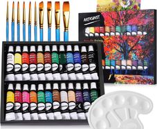 24 Rich Pigment Colors with 10 Art Brushes for Painting Canvas, Wood, Ceramic & Fabric, Rich Pigments Lasting Quality for Beginners, Students & Professional Artist (FREE POSTAGE)