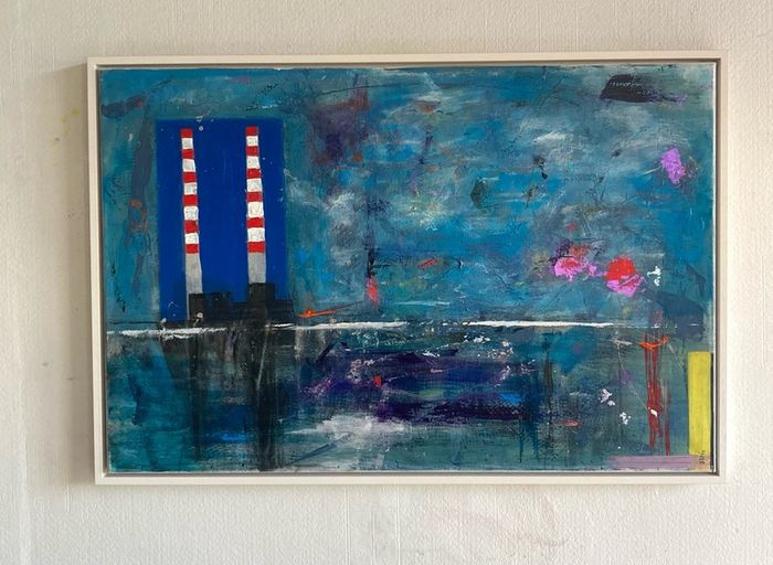 Large Original Painting Contemporary Art Poolbeg Chimneys Modern Irish abstract art Framed