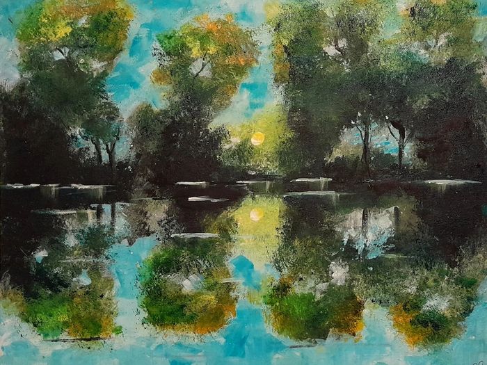 "Early Autumn Sunset" Acrylic on 16 x  20 inch canvas panel. Varnished.  Original.