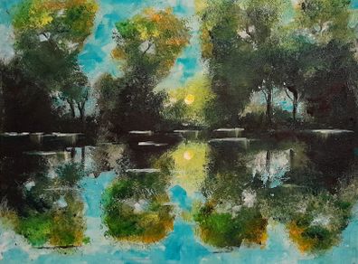 "Early Autumn Sunset" Acrylic on 16 x  20 inch canvas panel. Varnished.  Original.