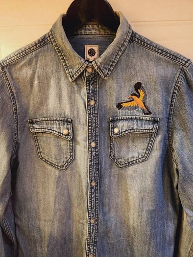 Pretty Green Embroidered Bird Vintage Denim Shirt with Pearl Effect Buttons XS Rare