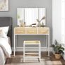 _Dressing Table with 3-Piece Folding Mirror, Steel Frame, Cosmetic Table with Stool, 3 Drawers, Natural White Image 2