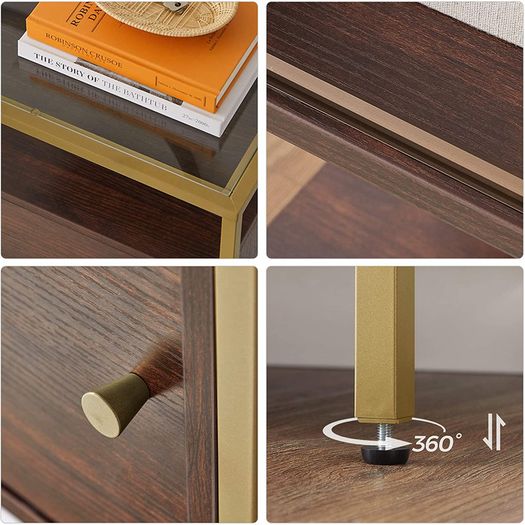 Sideboard Kitchen Cabinet Storage Cabinet with Sliding Door Tempered Glass Side Table Open Compartment Industrial Design for Dining Living Room Chocolate Brown Matt Gold