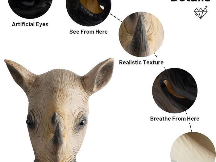 Rhino Mask Head Animal Latex Full Head Realistic Masks Fancy Dress for Halloween Carnival Costume Party,Brown,M