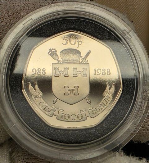 Ireland 1988 Proof 50p Fifty Pence Dublin Millennium 988-1988 Commemorative Coin in Original Holder with COA