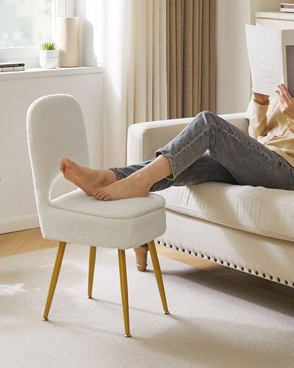 Small Storage Vanity Stool with Folding Backrest, 12.99" x 13.78" x 31.5" Square Teddy Velvet Ottoman, Makeup Chair for Living Room, 4 Metal Legs with Anti-Slip Feet, White
