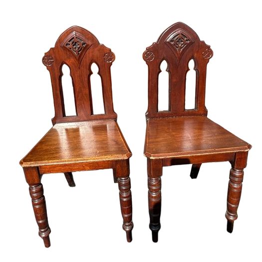 CLEARANCE: PAIR of antique 19th century Victorian Gothic mahogany hall chairs