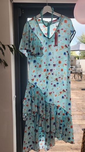 NATASHA ZINKO blue floral ruffle midi Sz 12 UK - Bnwt - Rrp 651 Sterling